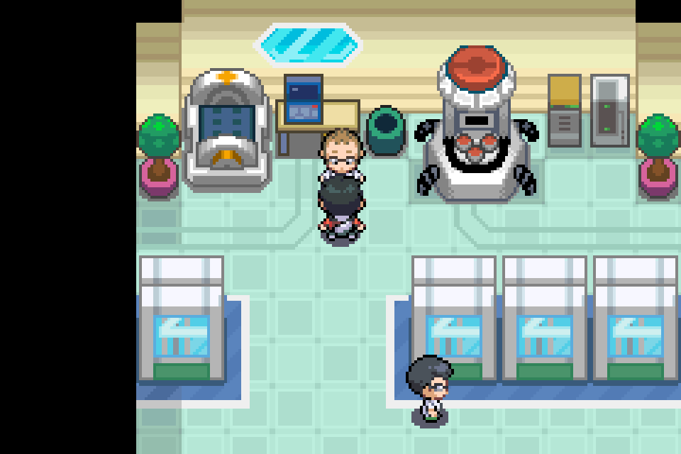 The player stands inside a laboratory with scientists, shelves and machines.