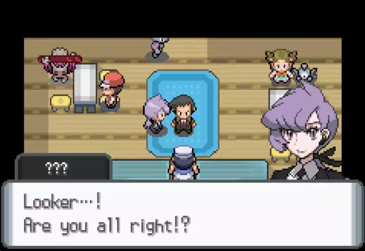 A purple-haired character asks whether Looker is all right during an indoor portrait dialogue.