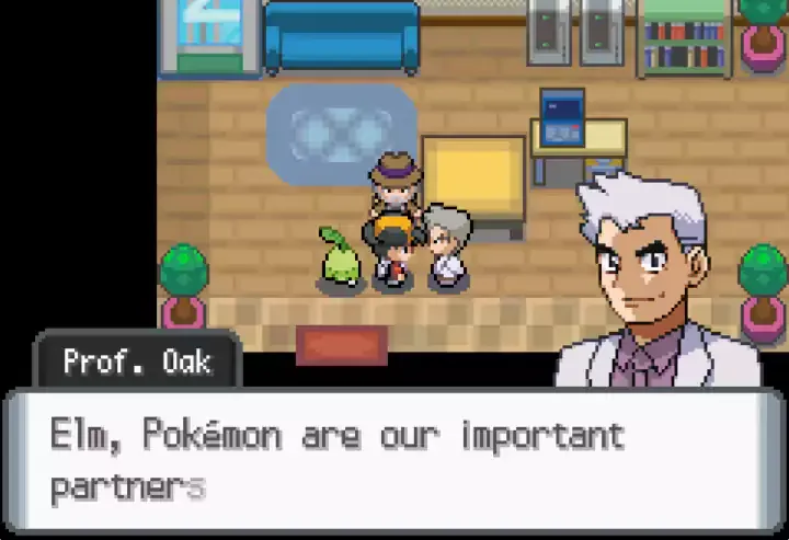 Professor Oak speaks to Elm about Pokemon partners in a laboratory portrait dialogue.