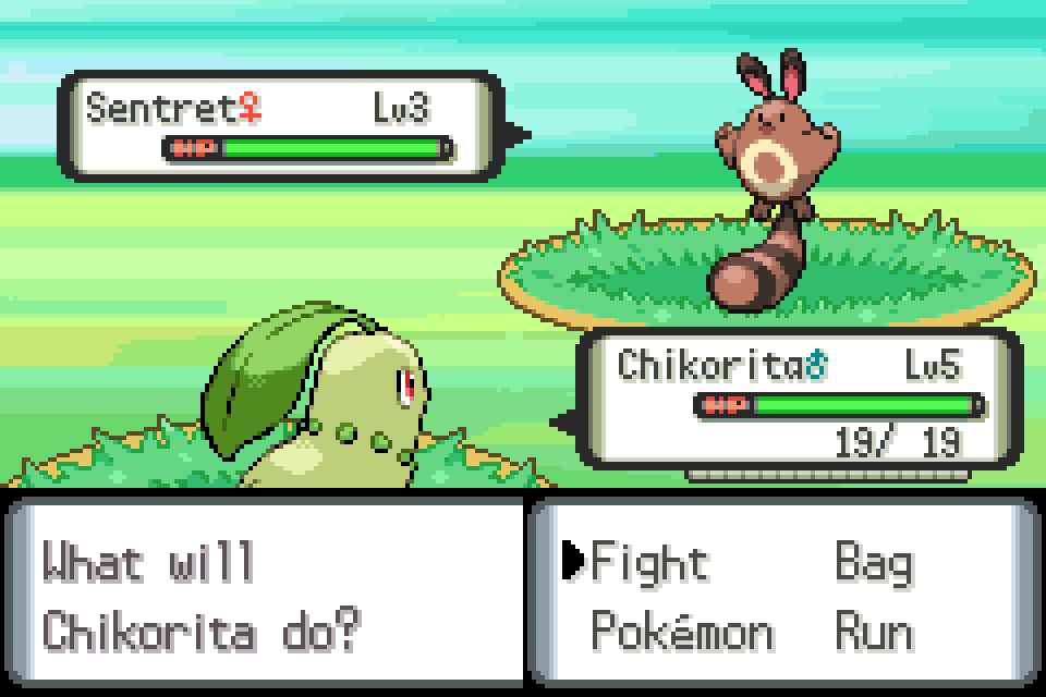 Level-five Chikorita faces level-three Sentret with the battle command menu open.