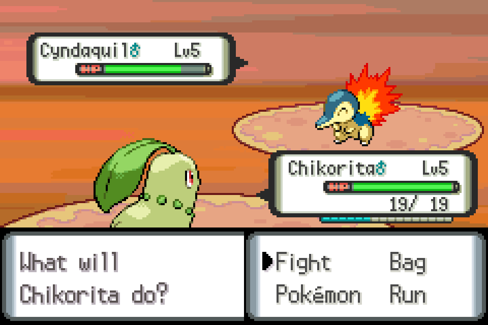 Level-five Chikorita faces level-five Cyndaquil with the battle command menu open.