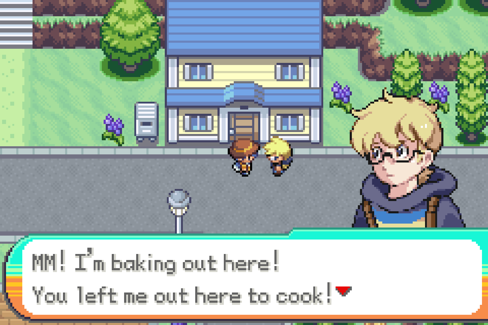 A blond character speaks outside a house beside two trainers.
