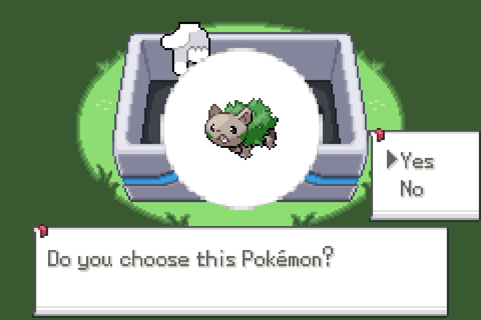 A green Pokemon appears above a Yes or No selection prompt.