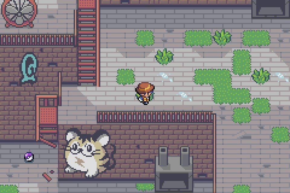 The player stands on a paved town path beside a large pale Pokemon.