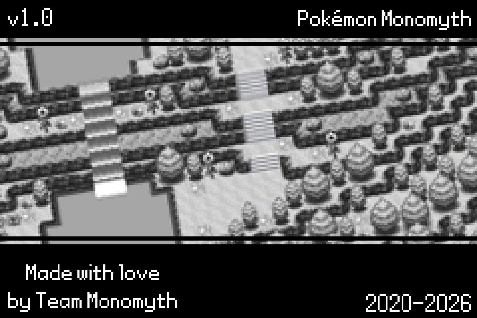 Monomyth v1.0 introduction with a monochrome town view and Team Monomyth credit.