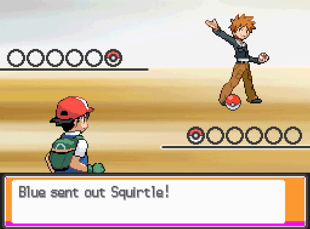 Blue appears in the battle introduction as the text announces his Squirtle.