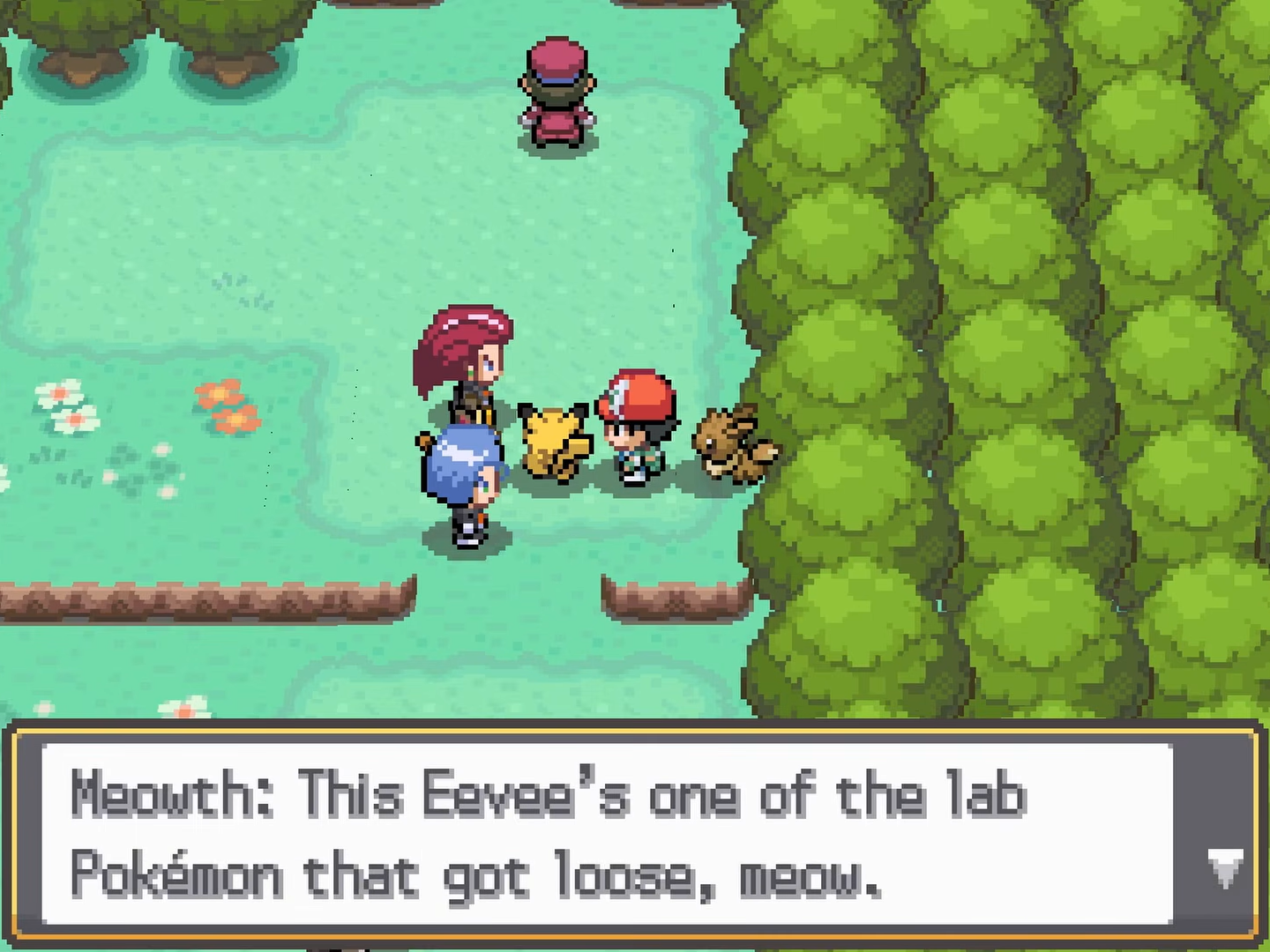 Meowth talks about an escaped laboratory Eevee while characters gather on a grassy path.