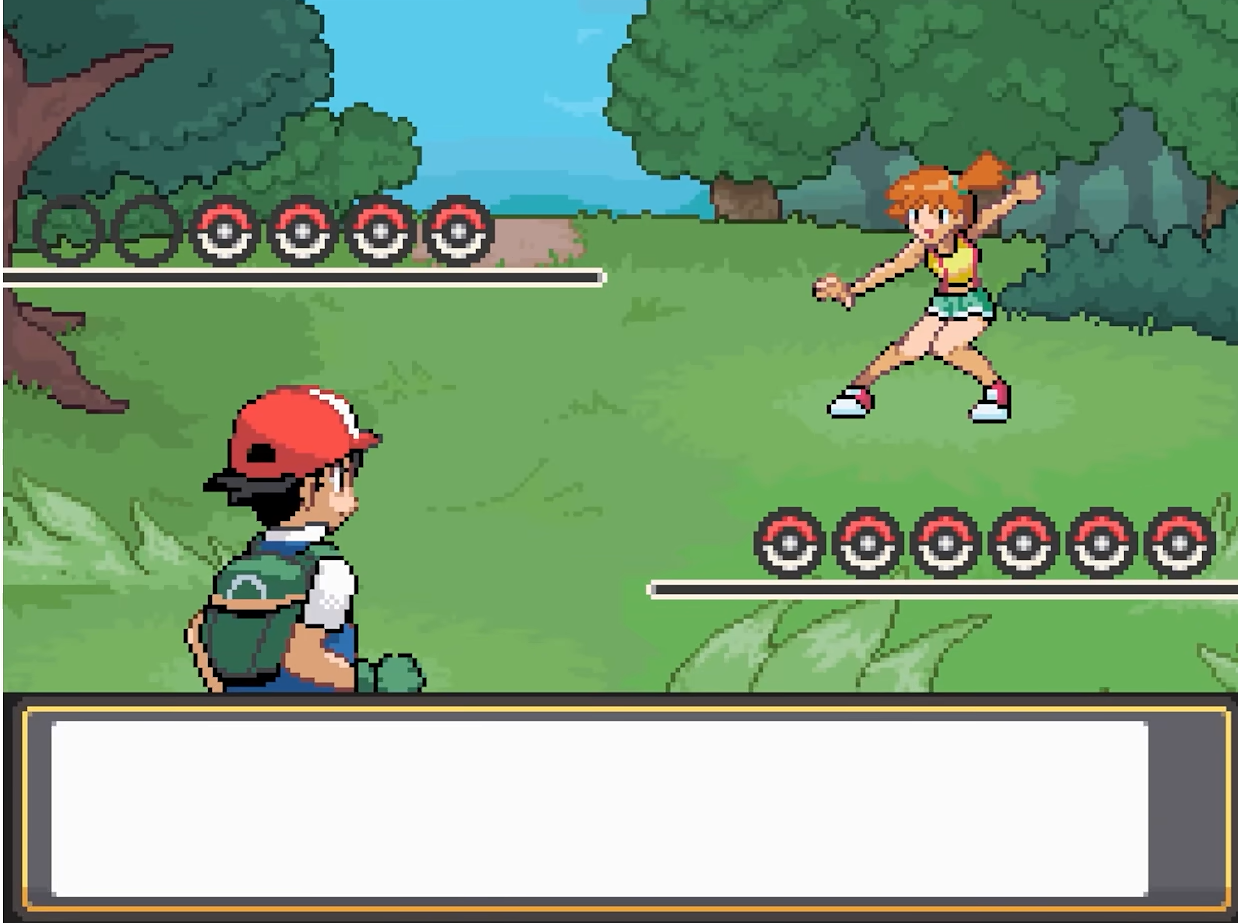 Misty appears against the colored battle-introduction background.