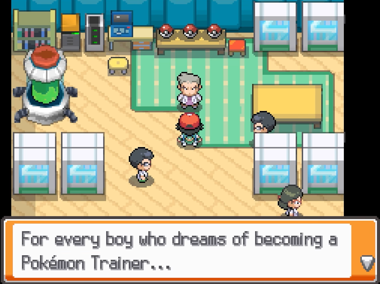 Professor Oak speaks to the player inside a laboratory lined with shelves and machines.