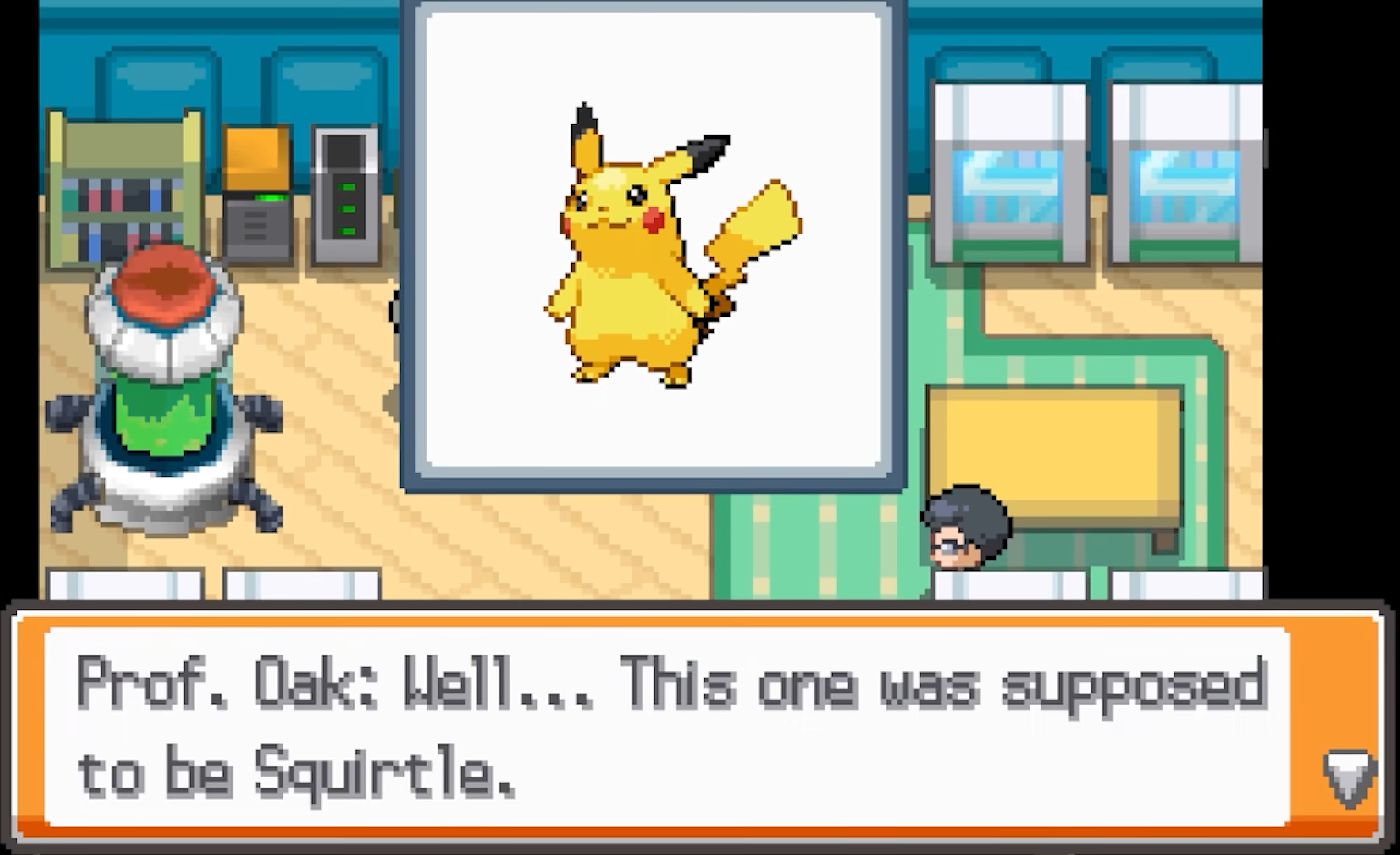 Pikachu appears in the starter-selection dialogue while Oak mentions Squirtle.