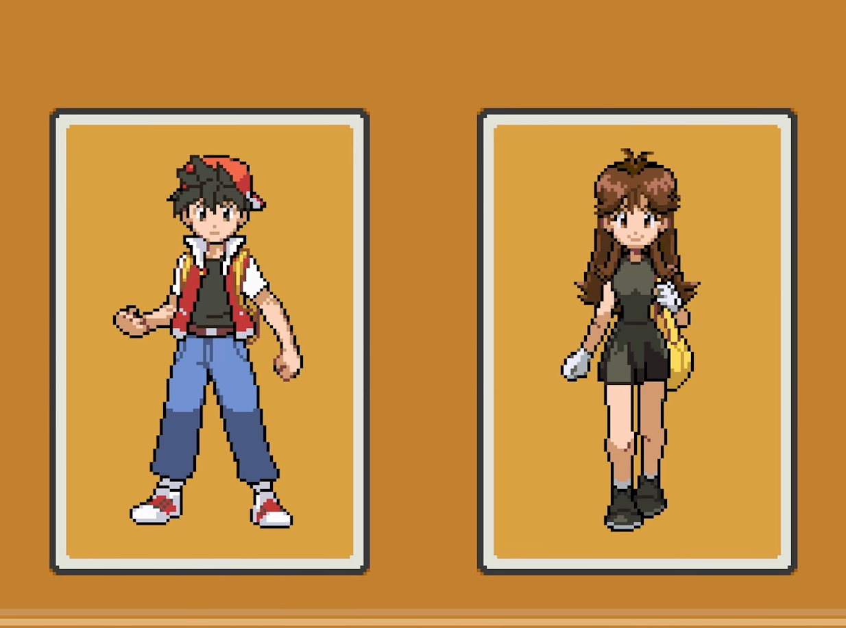 Boy and girl trainer portraits on Origin HeartGold's character-selection screen.
